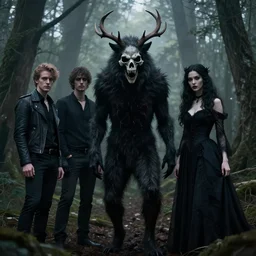 style artgerm, joshua middleton, diego fazio, gerald brom, scary wendigo with antlers and skull face mixed with werewolf, beautiful witch wearing a black dress on the right side, in the forest, detailed, dark and foggy, cinematic lighting