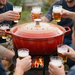a huge dutch oven. the dutch oven has people drinking beer in front of it