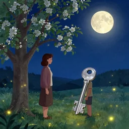 a man is standing by apple tree. his wife has a very large silver key. fine detail. realistic. fireflies. full moon. colourful