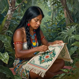 a beautiful painting of an indigenous female crafting a beautiful fabric in the jungle, realistic, ayahuasca