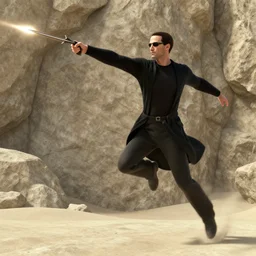 Neo from the Matrix dodges an arrow attack midair with a sandstone background, trending on artstation