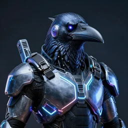 tactical neon exoskeleton armor, realistic anthropomorphic crow visible beak. neon eyesight, science fiction, light, portrait by donato giancola and greg rutkowski and wayne barlow, realistic face