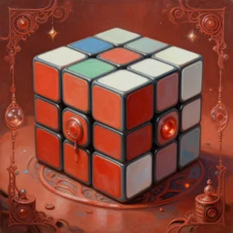 a beautiful painting of an abandoned rubik's cube factory, inspired by cyril rolando, ornate, intricate, emitting light ornaments, volumetric lighting, cgsociety, terracotta red, very detailed, trending on artstation, 8 k