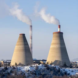 chrome pyramids with smokestacks high up in the snowy mountains