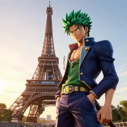 a 3 d render of jotaro kujo next to the eiffel tower, hyper - detailed, unreal engine 5, beautiful, the sun is rising, ultra - realistic