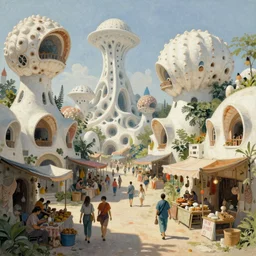sci-fi scene of a village in another world with seashell architecture, people walks on street market, impresionistic by john harris