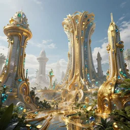 by johan grenier and jedd chevrier, visually stunning, cinematic, ultra realistic, hyper realism, 1 2 k, epic, octane render, unreal engine, vfx, maya, lush utopian solarpunk galactic civilization, highly detailed temples made of gemstones and gold, gold relics