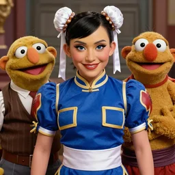 ultra realistic janice from the muppets as chun li from street fighter, portrait by frank frazetta, simon bisley, brom, 4 k, ultra realistic, detailed focused