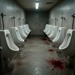 public men's restroom with a limitless rows of urinals, dim lighting, scary, blood splattered on floor, photorealistic, 8 k, 1 5 0 mp,