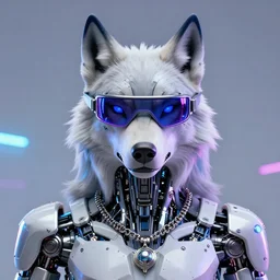 portrait of half cybernetic wolf with cyberpunk gogles, mechanical parts, jewelry, editorial photography, neons, blade runner, futuristic style, realistic bokeh and depth of field, award winning, establishing shot