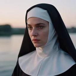 closeup photographic portrait of a stunningly beautiful renaissance female nun of the void in soft dreamy light at sunset, beside the river, soft focus, contemporary fashion shoot, hasselblad nikon, in a denis villeneuve movie, by edward robert hughes, annie leibovitz and steve mccurry, david lazar, jimmy nelsson, hyperrealistic, perfect face