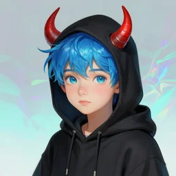 portrait of a small boy with black hoodie, blue hair and red horns, luminous scene, by greg rutkowski and alphonse mucha, d & d character, gradient white to cyan, in front of an iridescent background, highly detailed portrait, digital painting, artstation, concept art, smooth, sharp focus ilustration, artstation hq