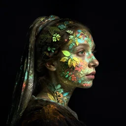 a woman's face in profile, made of luminescent foliage, in the style of the Dutch masters and Gregory Crewdson, dark and moody, plain black background