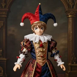 “portrait of Hisoka Morow doll like jester as a medieval jester, studio lighting hyperreal photograph royal painting”
