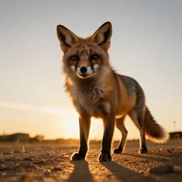 a low angle photo of a possum fox hybrid, at the golden hour, sunset, sunrise, warm lighting, strongshadows, photo by slim aarons, award winning, 4 k, from below, worms - eye - view, low angle