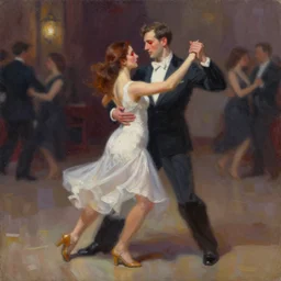 distorted slow dancing couple oil painting red eyes