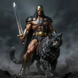 full body centered uncut character pose of he - man, mysterious - eerie - ominous, he - man is holding the power sword in his right hand, he - man is riding the battle cat, dark grey shadowy smokey background, direct natural lighting, cinematic, epic, ultra - detailed, sharp focus, colored illustration, artwork by artgerm and jordan grimmer and greg rutkowski and alphonse mucha