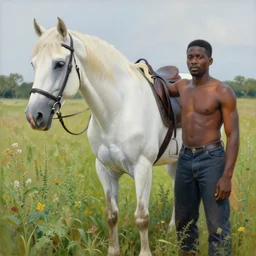 a painting of a black man next to a beautiful white horse in a weed field, in the style of x, amazing detail