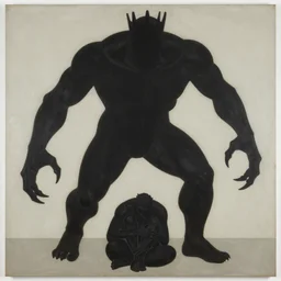 by mandy disher, by richard diebenkorn dignified. a land art of a large, black - clad figure of the king looming over a small, defenseless figure huddled at his feet. the king's face is hidden in shadow. menacing stance, large, sharp claws, dangerous & powerful creature.