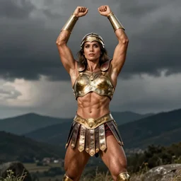 female body builder dressed as a roman gladiator, arms raised in victory