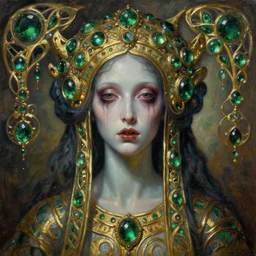 highly detailed sharp focus extremely hyperrealistic horrifying creepy 3 / 4 portrait oilpainting of mystical lady mythical portrait by michael hussar in style of michael hussar and rene lalique artnouveau ceramic effect gild and emerald jeweled gold strips in style of ali franco's paintings and layers of fear surrealistic memento mori 8 k