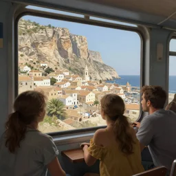 looking out a train window, a mediterranean phoenician fishing village, over a chalk cliff, highly detailed, digital painting, artstation, concept art, sharp focus, illustration, art by artgerm and greg rutkowski and raphael lacoste and magali villeneuve