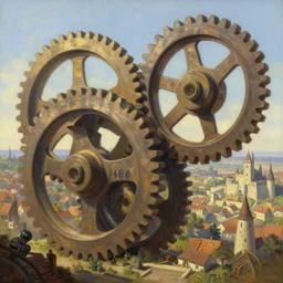 giant interlocked gears cogs, giant mechanisms, industry, villages castles, buildings vista artstation illustration sharp focus sunlit vista painted by ruan jia raymond swanland lawrence alma tadema zdzislaw beksinski norman rockwell tom lovell alex malveda greg staples