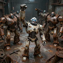 a realistic crazy robot, one fist raised high in triumph, raised fist, standing in front of many large robots inside a huge rusty dingy warehouse, army of big robots, raygun gothic, atomic punk, digital art, detailed render, high angle