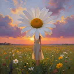 giant daisy flower as head, full body girl standing in a flower field, surreal photography, sunrise, dramatic light, impressionist painting, colorful clouds, digital painting, artstation, simon stalenhag