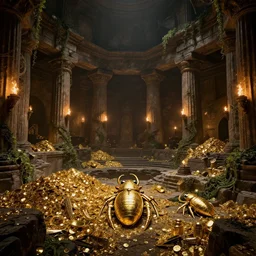 Dark roman temple interior interior ruins, massive scale, glowing wall torches, photo real, concept art, piles of gold and riches, golden scarab, golden ratio, overgrown with vines, ruins, volumetric lighting, levels, ledges, adventure movies, the mummy, Raiders of the Lost Ark, Tomb Raider, trending in Artstation, Craig Mullins, Unreal Engine, Megascans