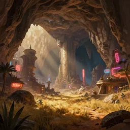 a beautiful detailed illustration of cavern city by carlo stanga, lightpaint at night sunlight meadow neon signs desert sci - fi, archdaily, wallpaper, highly detailed, trending on artstation.
