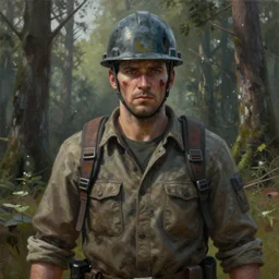 portrait of DayZ zombie survival video game 0.62 single adult male with hardhat with full person in the shot, in a forest, serene, hyperdetailed texture, beautiful octane lighting, trending on artstationhq, oil on canvas