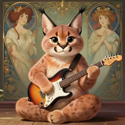 cute fluffy caracal in pants sitting politely with electric guitar, facing the camera, anime art style, portrait, high detail, sharp focus, digital painting, artstation, concept art, art by hayao miyazaki and artgerm and greg rutkowski and alphonse mucha.
