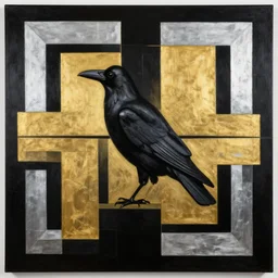 black gold silver, crow!!!!!!!!!!!!! symmetrical, award - winning painting, abstract, gold and silver shapes, rectangles, geometry, elegant, luxurious, beautiful, pitch black background, dali