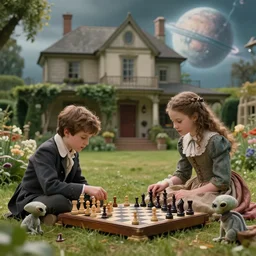 sharp, highly detailed, 4096k film, 2800mm film still from a sci fi blockbuster color movie made in 2019, set in 1860, of a boy and a girl playing chess with their small pet humanoid alien creature, in the garden of a house on an alien planet, are all wearing 1860s era clothes, cinematic lighting, in focus, 700mm f/1.4L lens