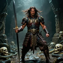 7 0 mm film still from conan the barbarian, jason momoa as conan with a giant sword wearing ornate dragon armor in the wet catacombs of skulls and snakes, cinematic, volumetric lighting, mist, wet skin and windblown hair, muscular!!!, heroic masculine pose, ridley scott