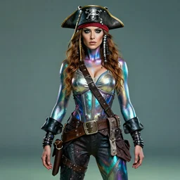 a pirate, she is wearing iridescent bodypaint and futuristic space clothes