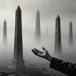 arm reaching out of thick fog, obelisks in background, in rows, tall, skinny, intricate zdzislaw beksinski