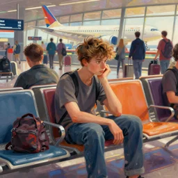 young man sitting on the lounge of an airport, waiting for his brother to land, bored expression, extremely intricate, vibrant colors, crowded atmosphere, digital painting