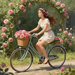 fantasy painting of a garden rose riding a bicycle, trending in artstation, highly detailed
