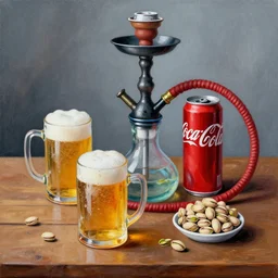 detailed painted still life with mugs of beer hookah can of coca cola cup with pistachios on a wooden table by cloud mone