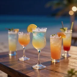 5 5 mm photo of best cocktail on a wooden table at a beach at night. dof. bokeh. magical atmosphere. art by greg rutkowski. highly detailed 8 k. intricate. lifelike. soft light.
