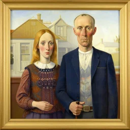 a painting by grant wood of a dog couple, American Gothic style