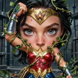 poison ivy battle pose Wonder Woman wrapped up in vines, illustration, realistic eyes, artstation, cinematic lighting, hyperdetailed, detailed realistic symmetrical eyes, cgsociety, 8k, high resolution, Charlie Bowater, Tom Bagshaw, Jim Burns ,Anne Stokes, insanely detailed and intricate, prison background