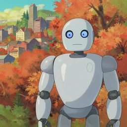 a close - film still of a disney ghibli pixar painting style autumn forest city, close up at the robot, trending on pixiv fanbox, painted by greg rutkowski makoto shinkai takashi takeuchi studio ghibli, aki