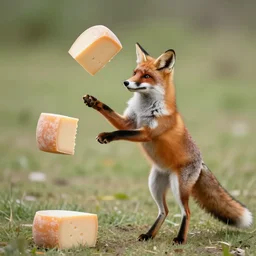 a fox juggling wheels of cheese