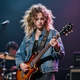 1 9 - year - old girl with shaggy, unkempt, permed hair, double denim, headbanging, playing electric guitar, heavy rock concert, 2 0 2 2 live in concert, streaming 4 k quality