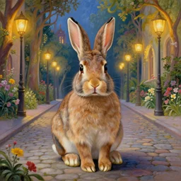 a beautiful painting of a rabbit, centered, looking into the camera, on a street paved with cobblestones and warm streetlights in a magical art nouveau city with many flowers and trees, highly detailed, smooth, sharp focus, intricate, fantasy, trending on artstation, elegant, detailed rabbit in the middle, by Thomas Kinkade