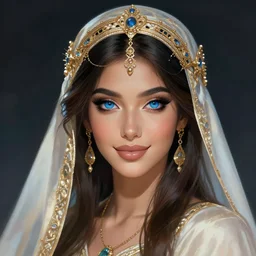 a beautiful arabian woman by karol bak, ayami kojima, artgerm, arabian beauty, blue eyes, smile, concept art, fantasy