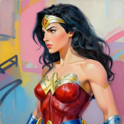 greg manchess portrait painting of wonderwoman as overwatch character, medium shot, asymmetrical, profile picture, organic painting, sunny day, matte painting, bold shapes, hard edges, street art, trending on artstation, by huang guangjian and gil elvgren and sachin teng